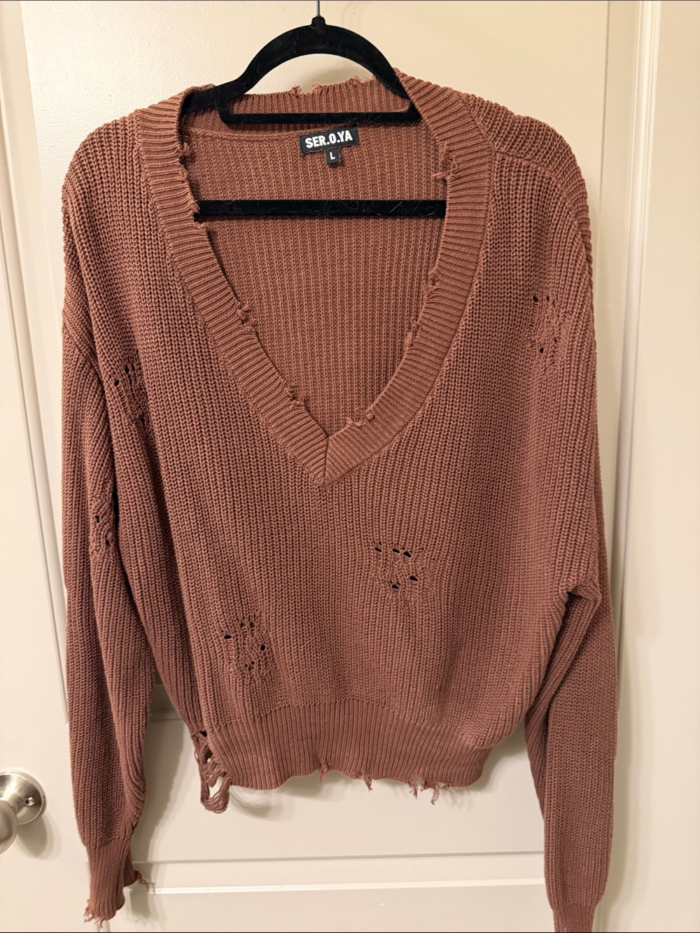 SER.O.YA Women's V-Neck Distressed Knit Sweater - Rust